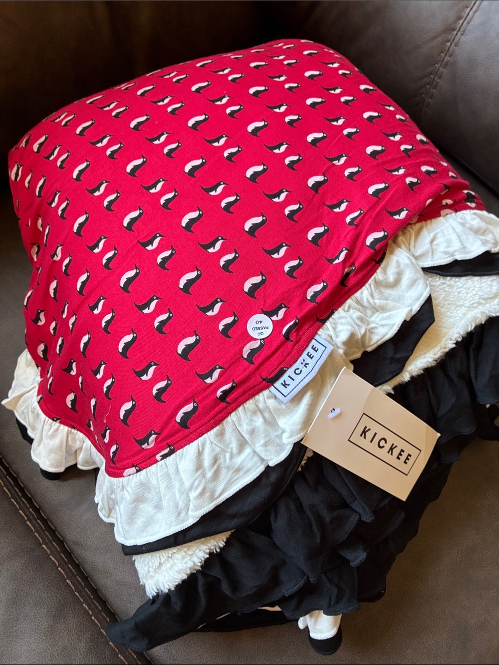 Kickee Pants Red Penguin Print Ruffle Baby Blanket